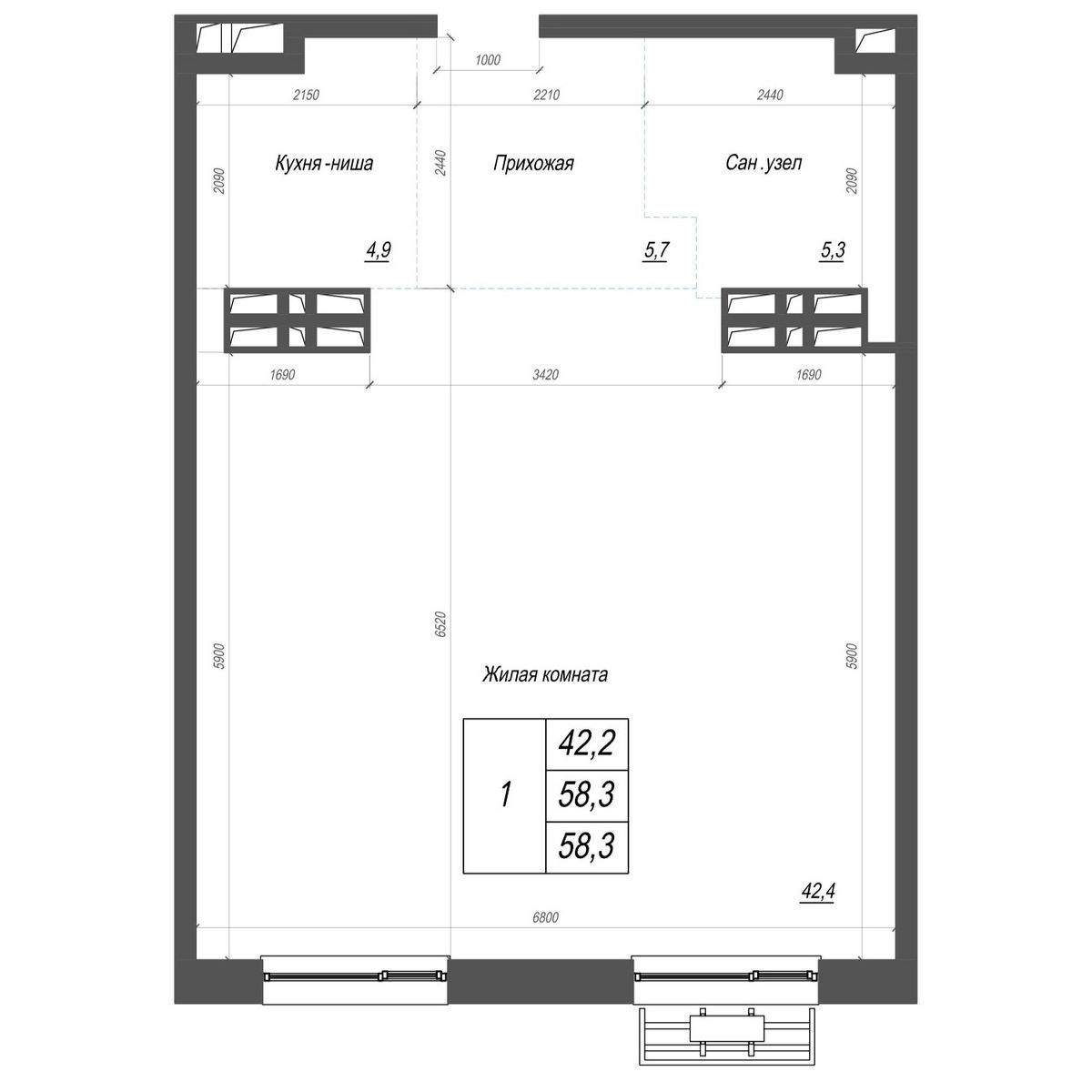 1-комнатная, 58.3 м², № 381 в Нефрит