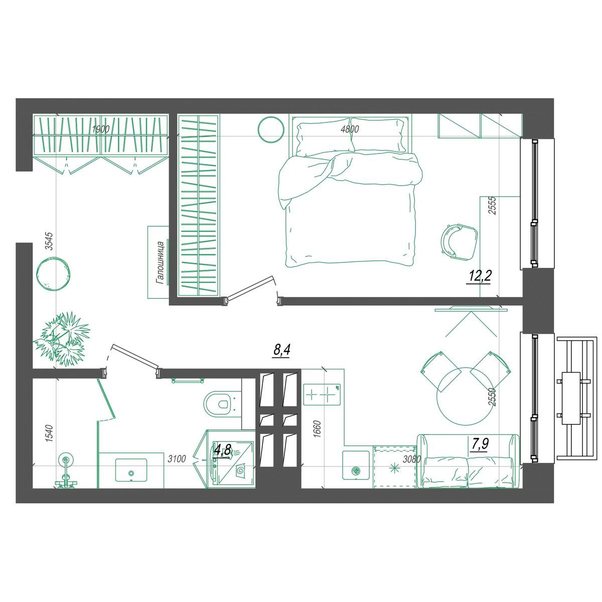 1-комнатная, 34.2 м², № 378 в Нефрит