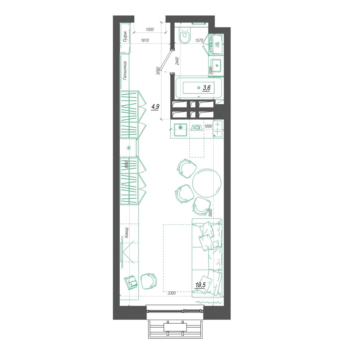 1-комнатная, 28.2 м², № 276 в Нефрит