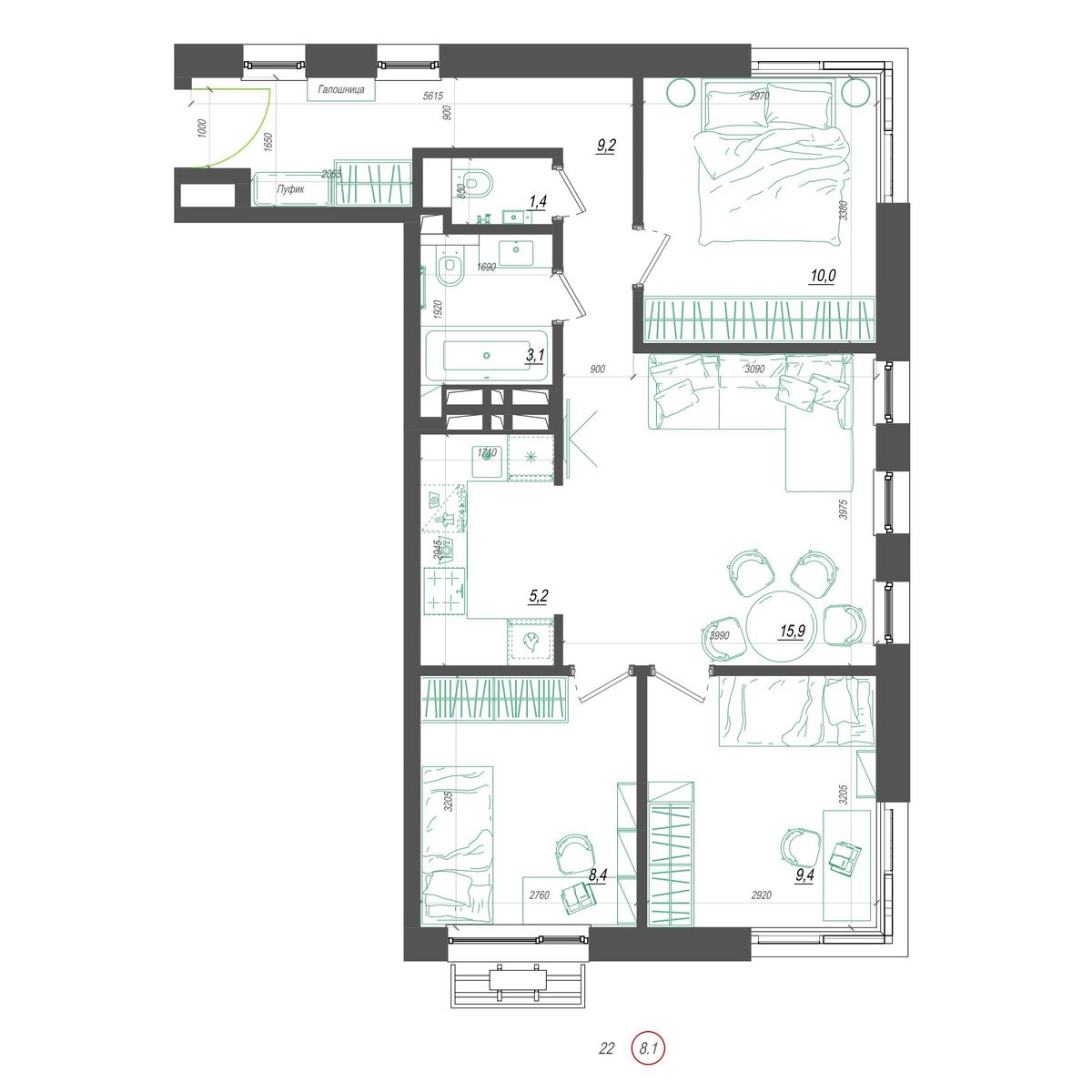 3-комнатная, 65.6 м², № 394 в Нефрит