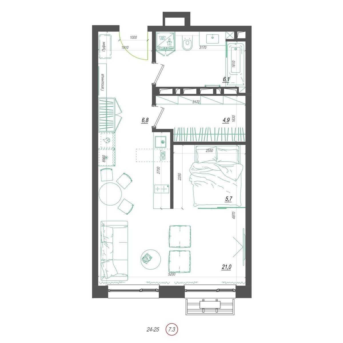 1-комнатная, 45.6 м², № 418 в Нефрит