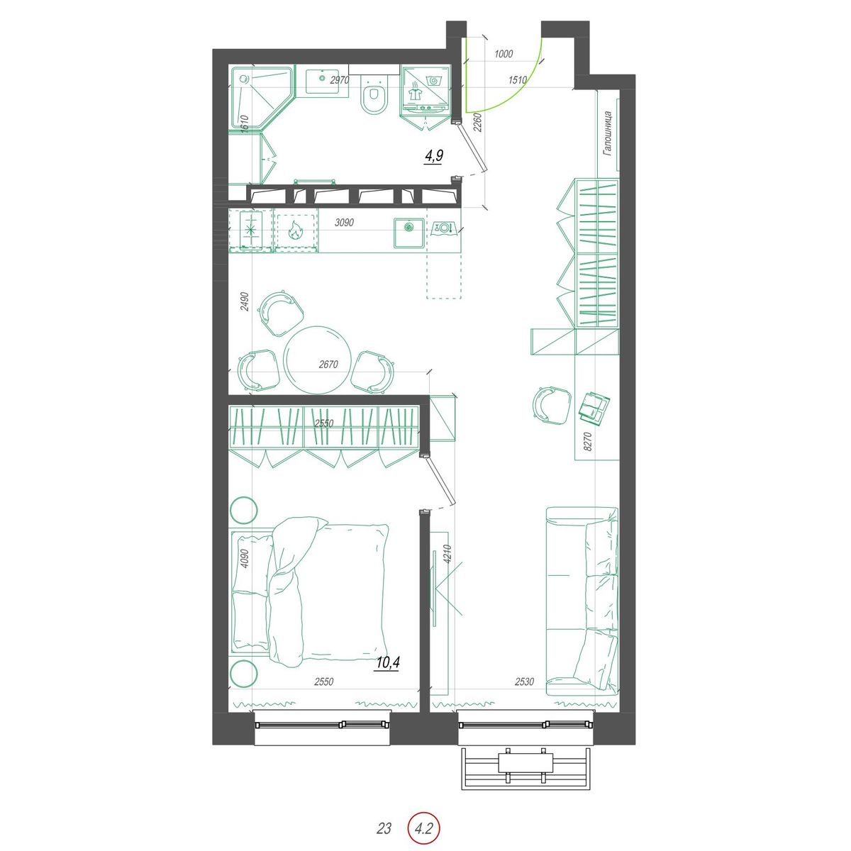 1-комнатная, 44.2 м², № 399 в Нефрит