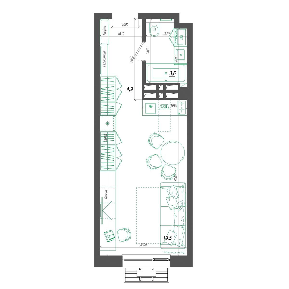 1-комнатная, 28.2 м², № 294 в Нефрит
