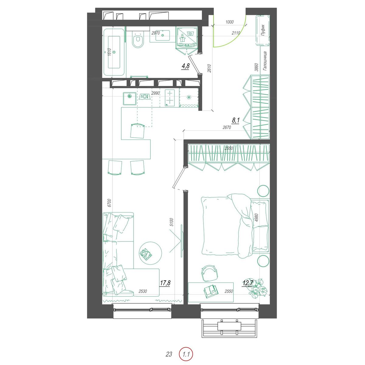 1-комнатная, 44.5 м², № 396 в Нефрит