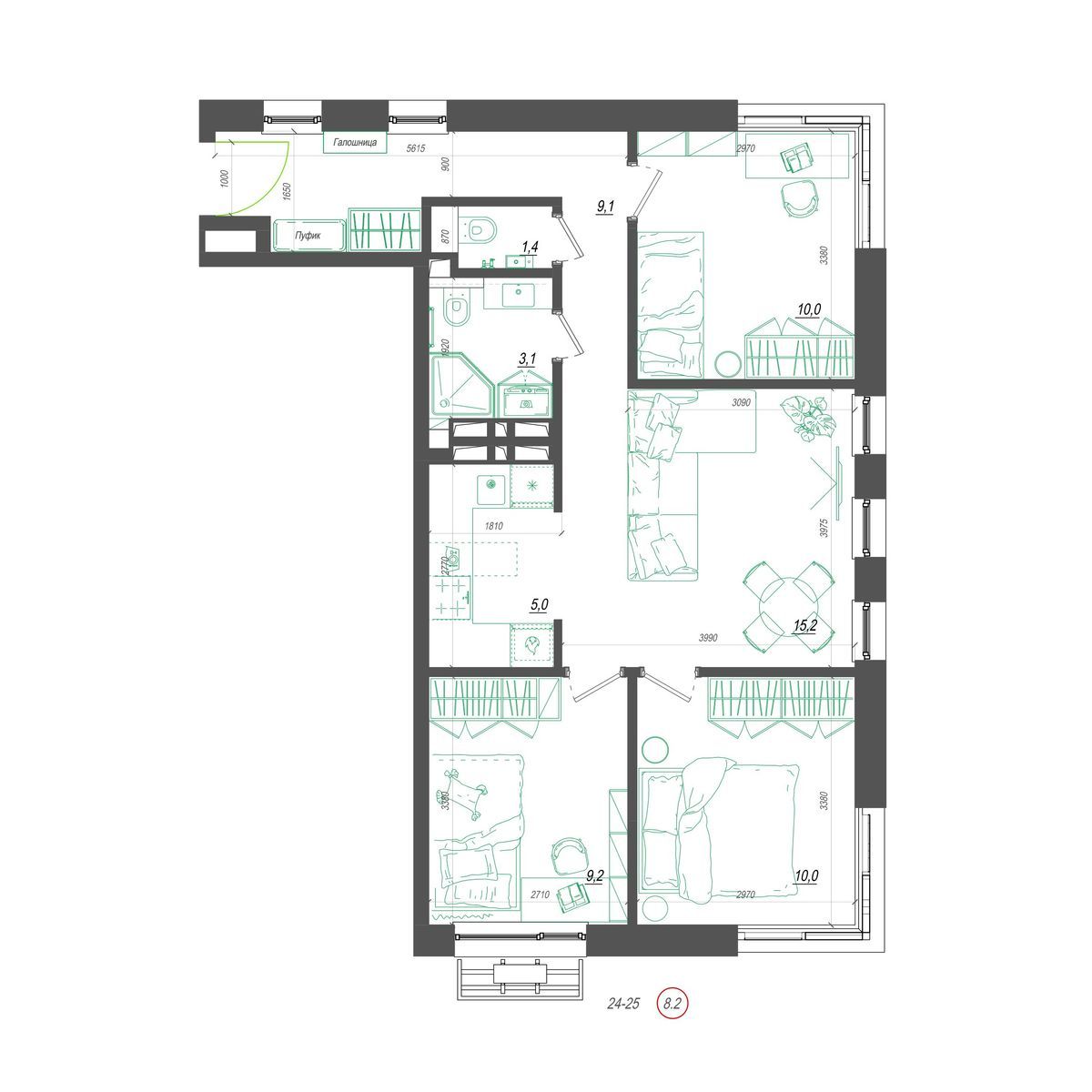 3-комнатная, 65.6 м², № 419 в Нефрит
