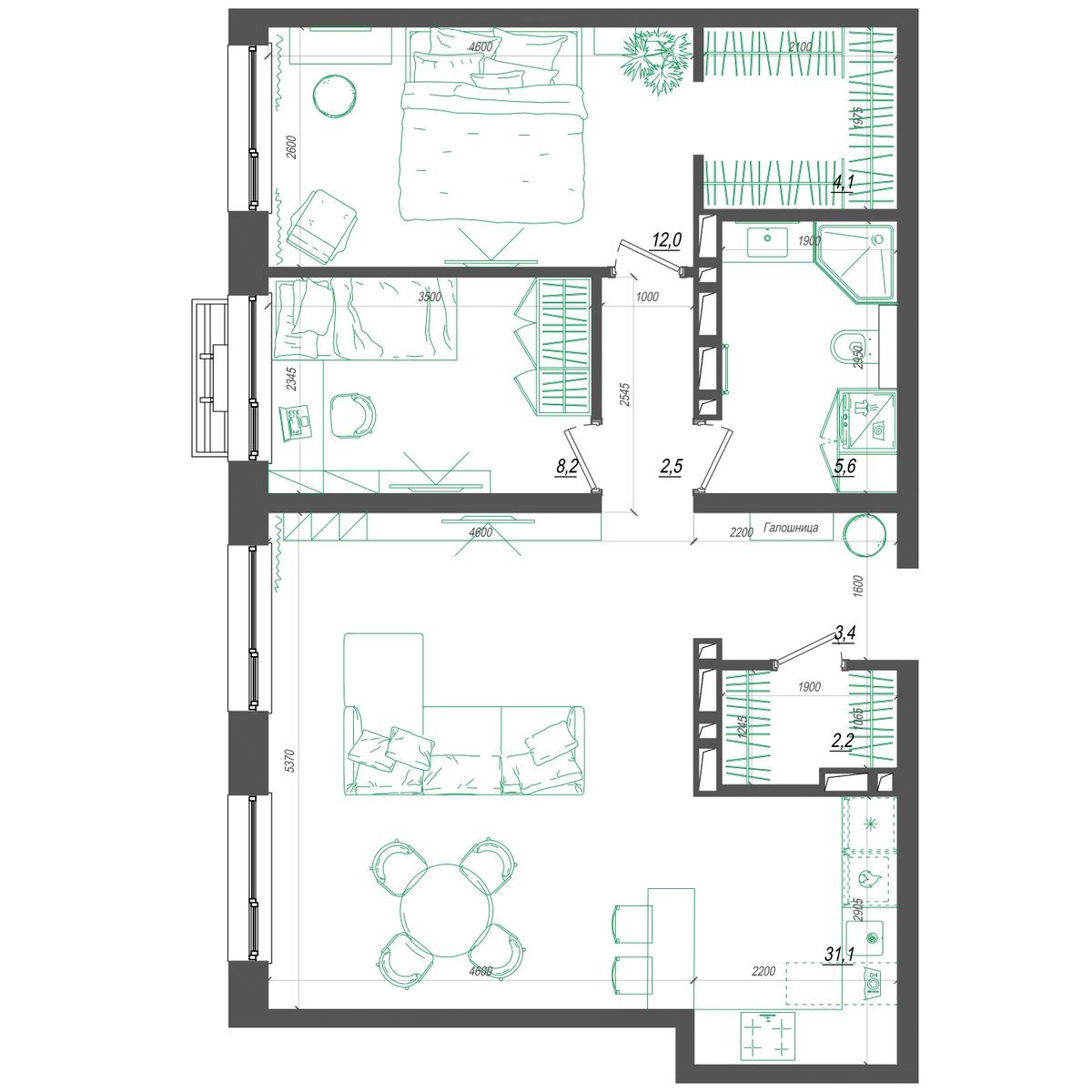 3-комнатная, 70.5 м², № 304 в Нефрит