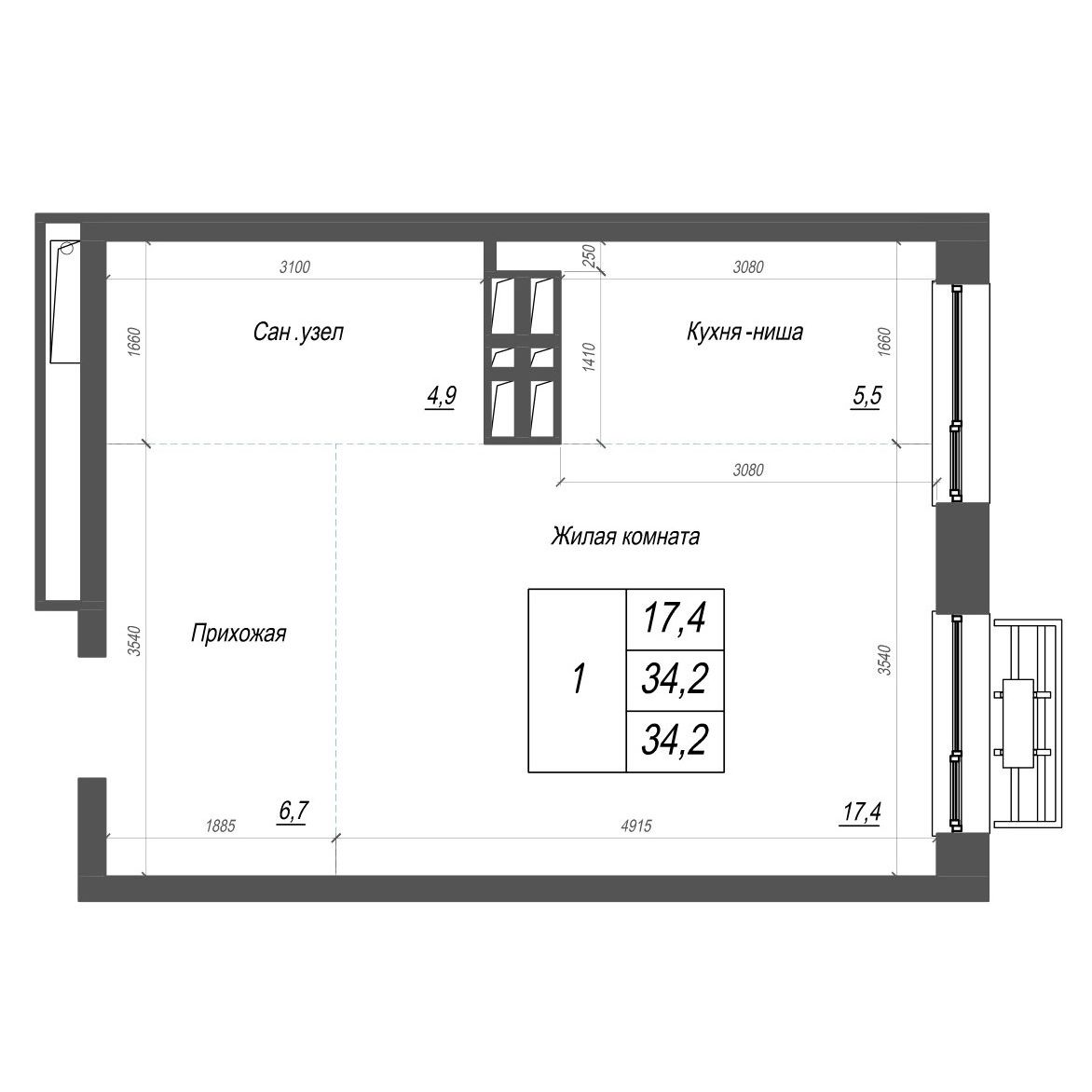 1-комнатная, 34.2 м², № 345 в Нефрит