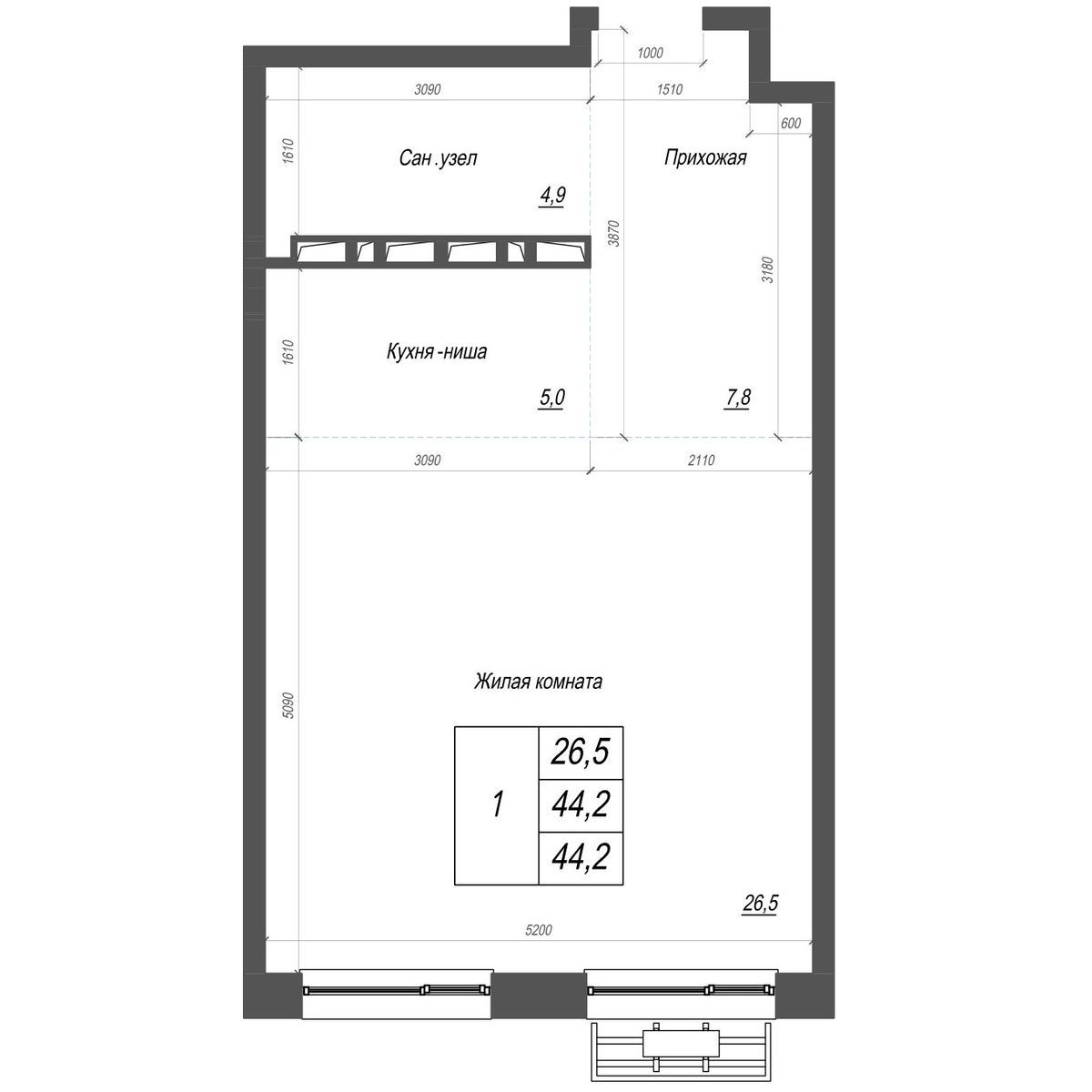 1-комнатная, 44.2 м², № 296 в Нефрит
