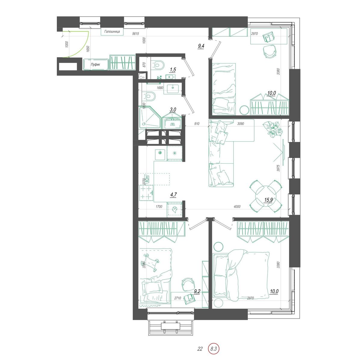3-комнатная, 65.6 м², № 394 в Нефрит