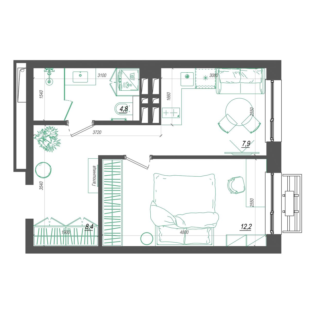 1-комнатная, 34.2 м², № 345 в Нефрит