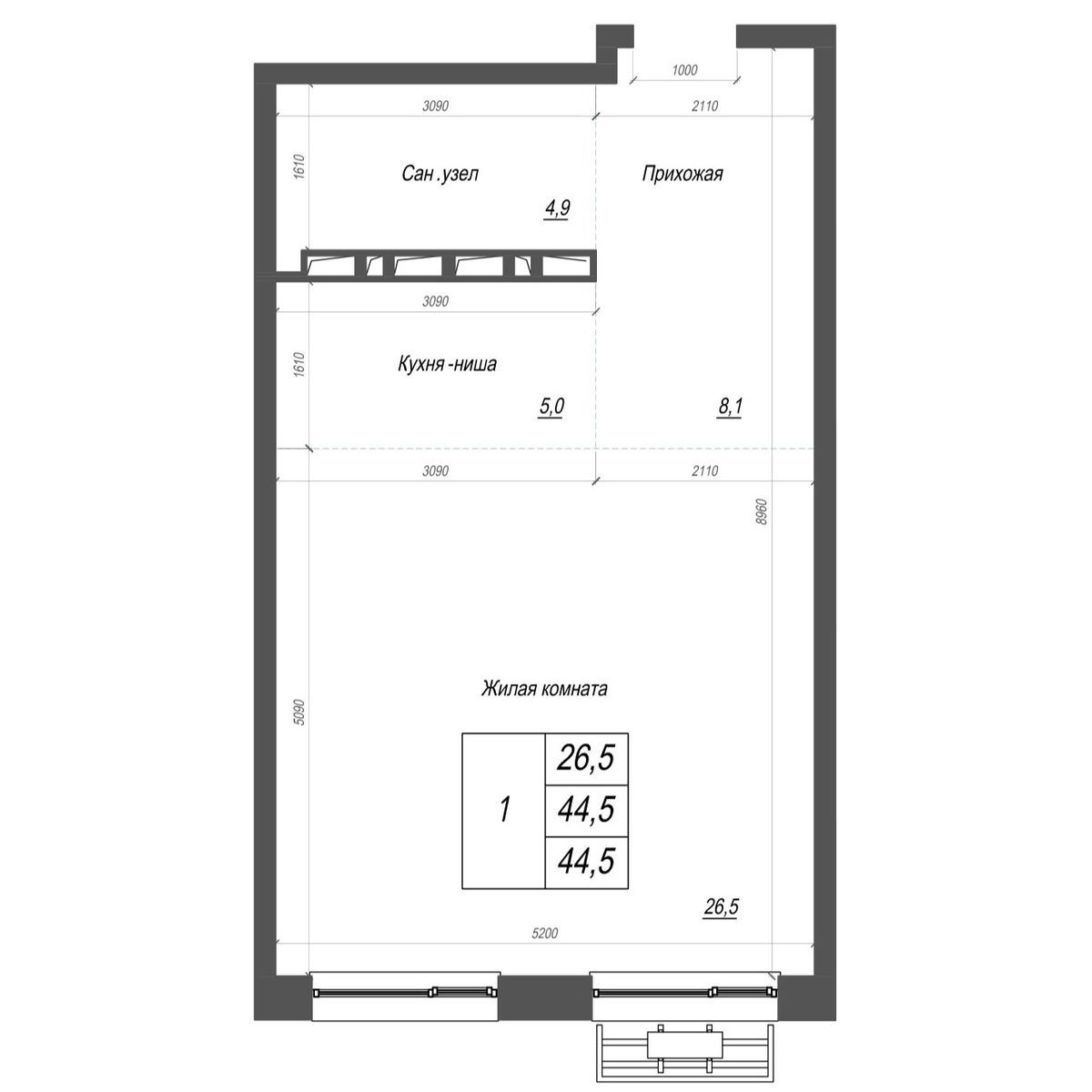 1-комнатная, 44.5 м², № 316 в Нефрит