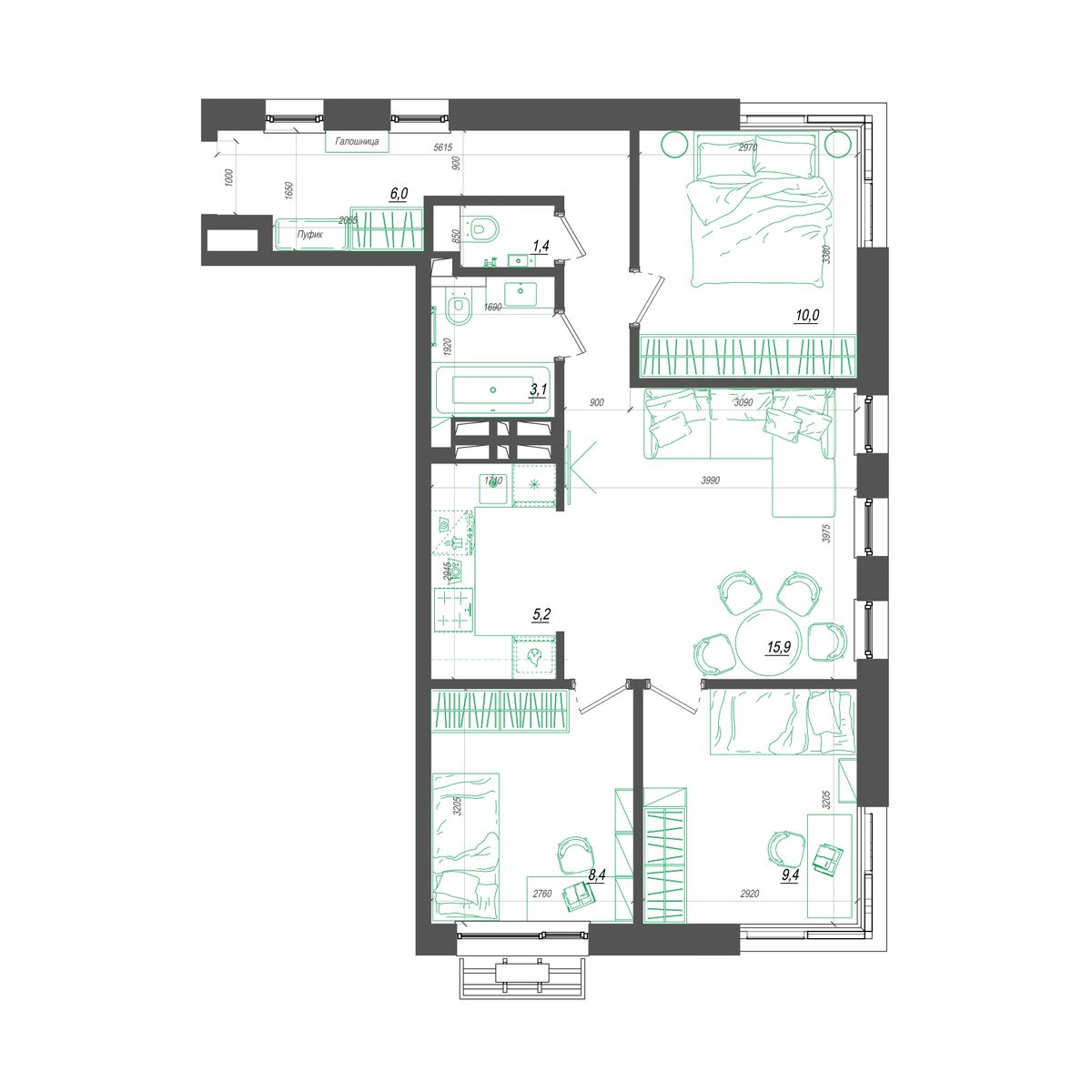 3-комнатная, 65.6 м², № 353 в Нефрит