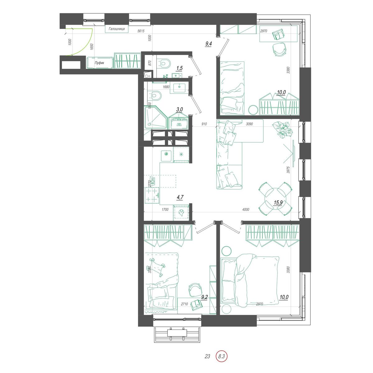 3-комнатная, 65.6 м², № 402 в Нефрит