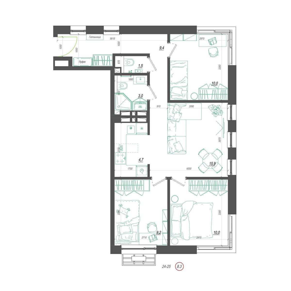 3-комнатная, 65.6 м², № 419 в Нефрит