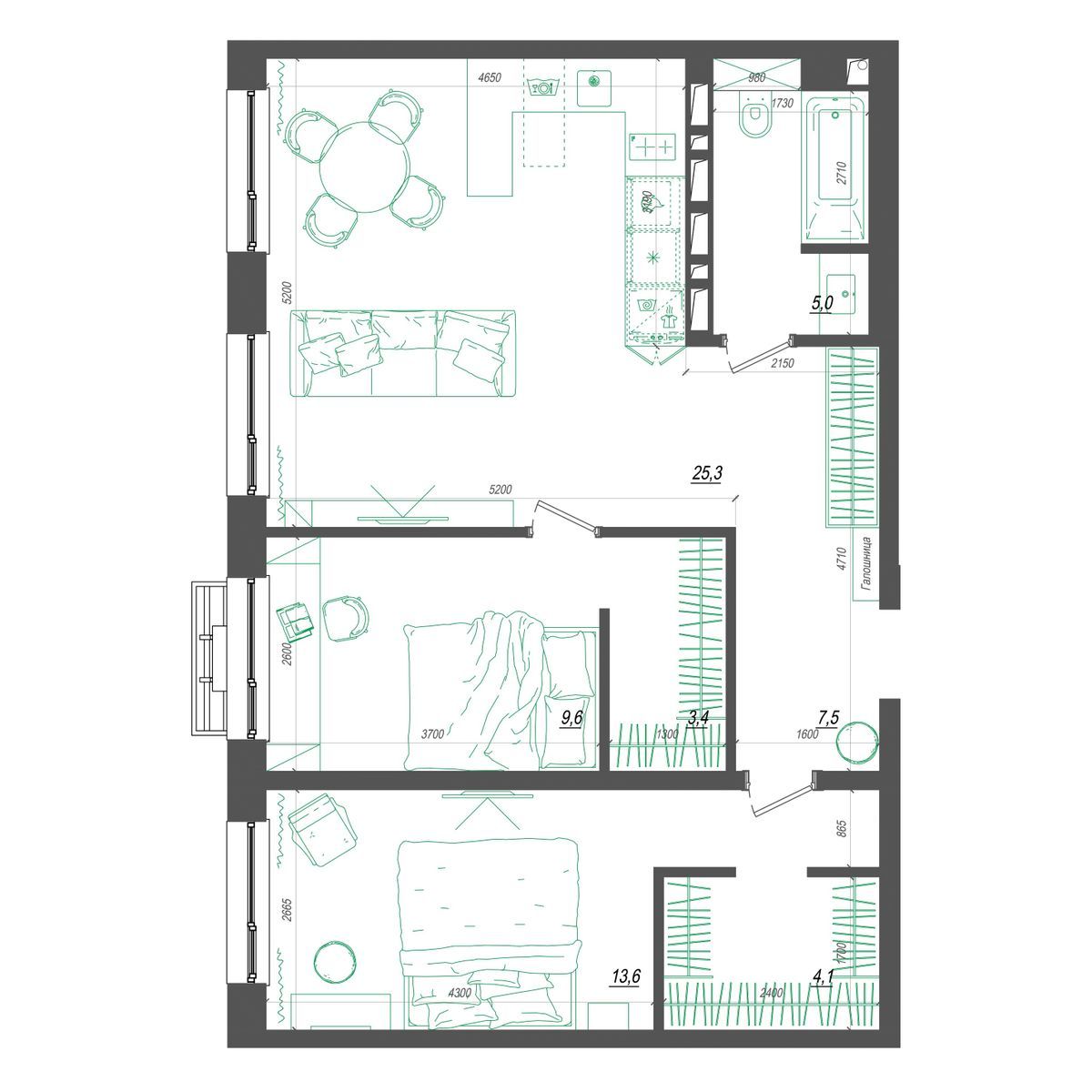 3-комнатная, 70.5 м², № 303 в Нефрит