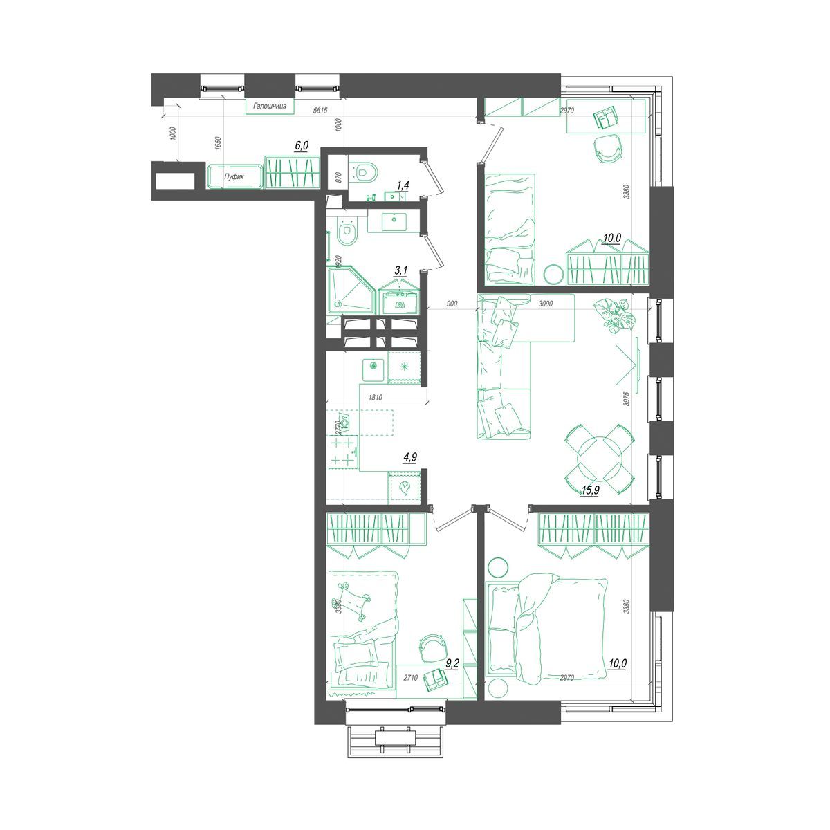 3-комнатная, 65.6 м², № 370 в Нефрит