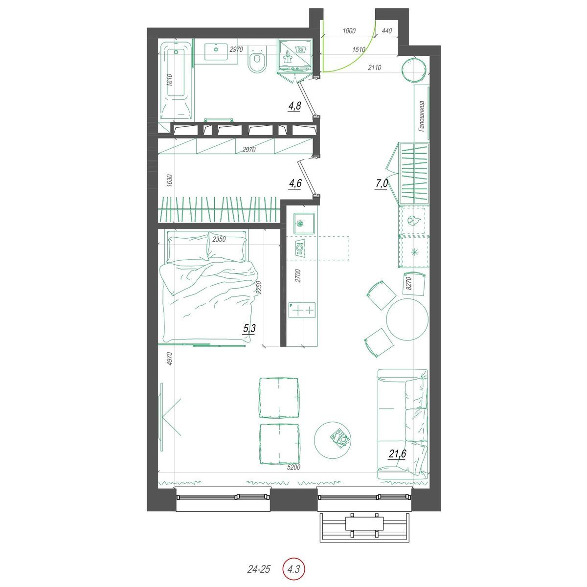 1-комнатная, 44.2 м², № 415 в Нефрит