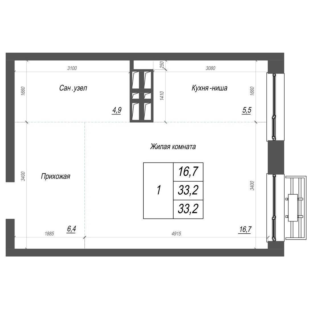 3-комнатная, 33.2 м², № 377 в Нефрит