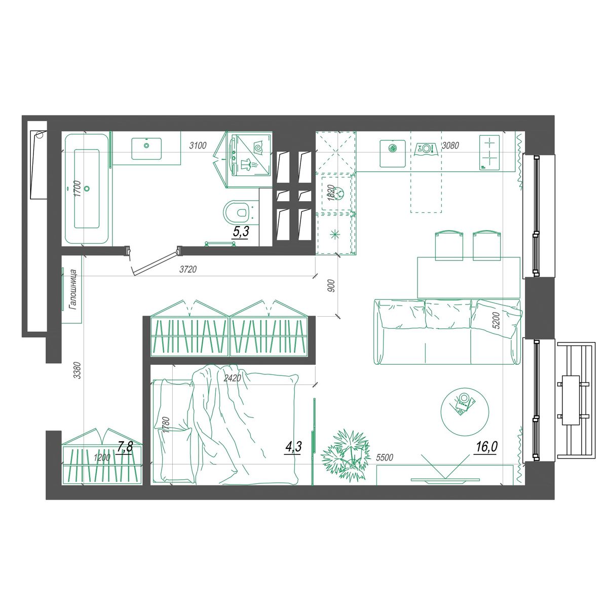 1-комнатная, 34.2 м², № 345 в Нефрит