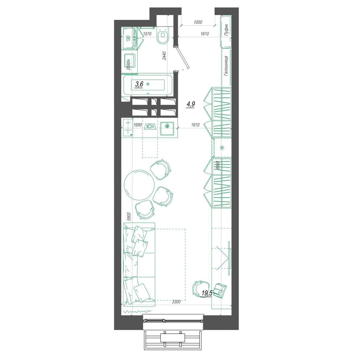 1-комнатная, 28.1 м², № 238 в Нефрит