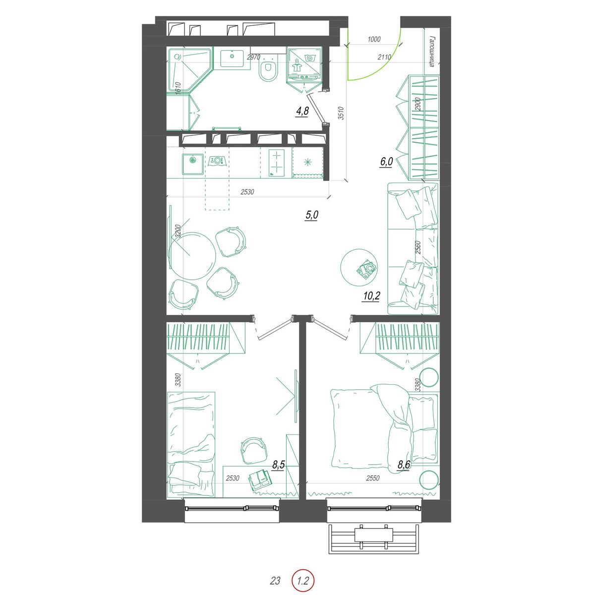 1-комнатная, 44.5 м², № 396 в Нефрит