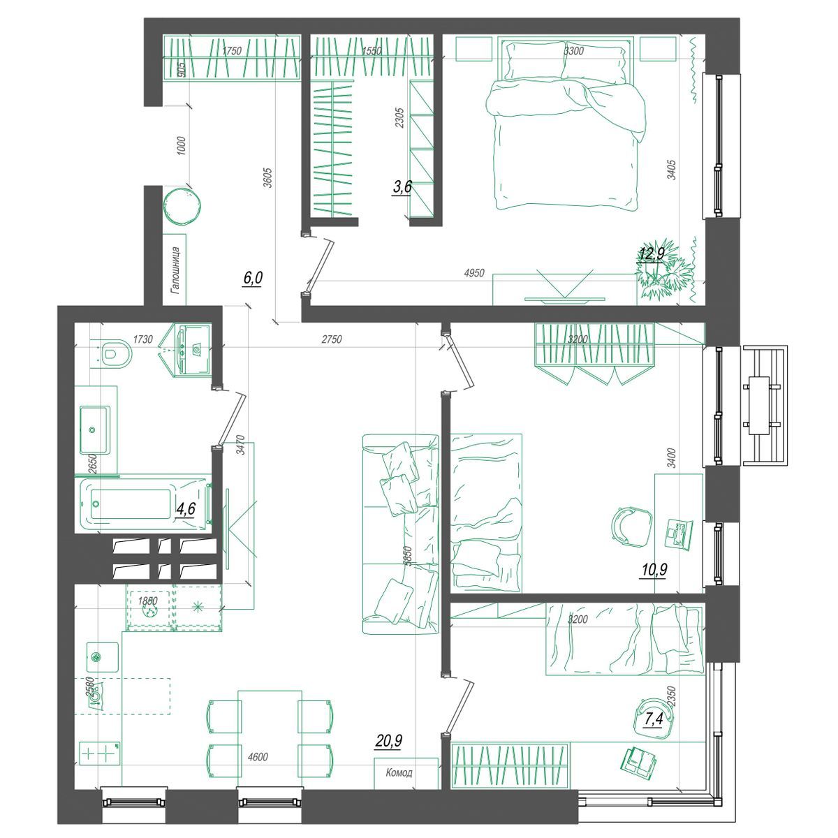 4-комнатная, 68.2 м², № 324 в Нефрит