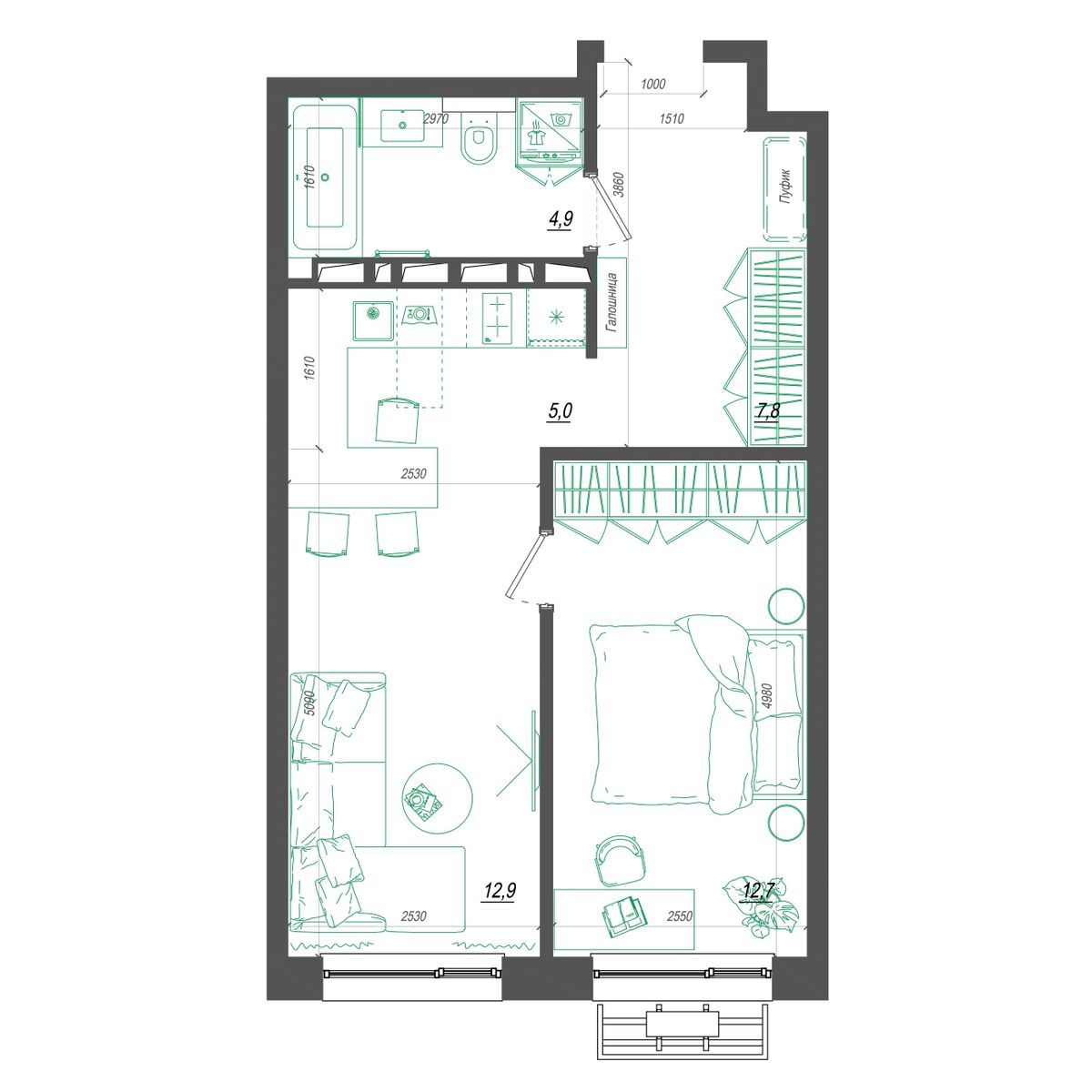 1-комнатная, 44.2 м², № 383 в Нефрит