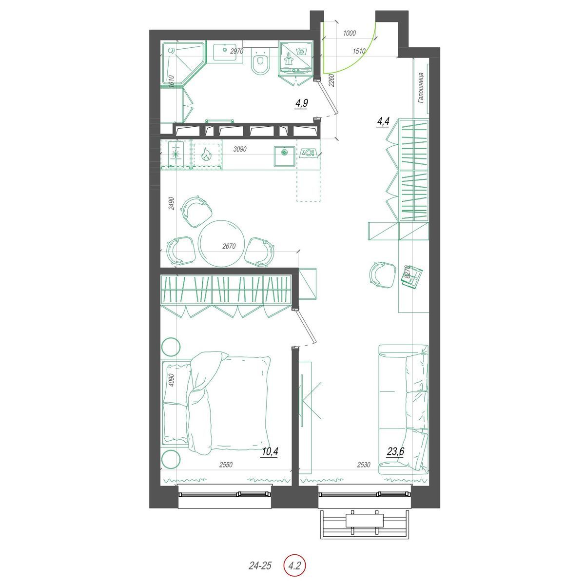 1-комнатная, 44.2 м², № 415 в Нефрит