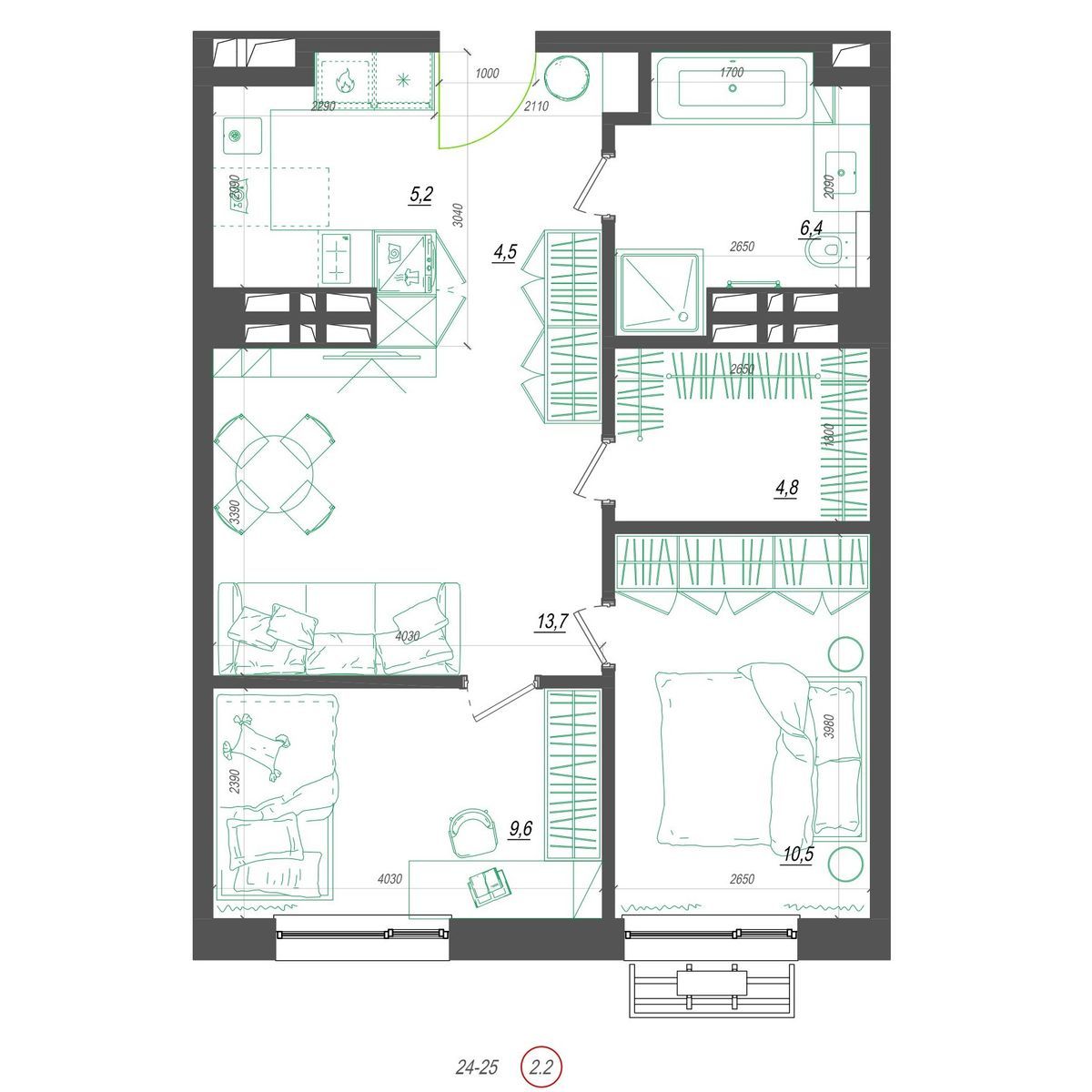 1-комнатная, 58.3 м², № 413 в Нефрит