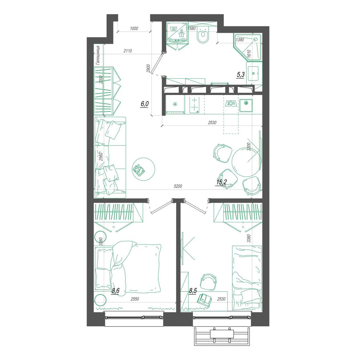 1-комнатная, 44.7 м², № 333 в Нефрит