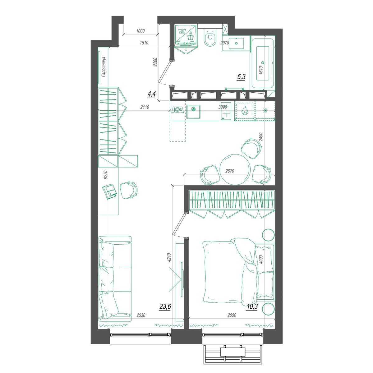 1-комнатная, 44.7 м², № 297 в Нефрит