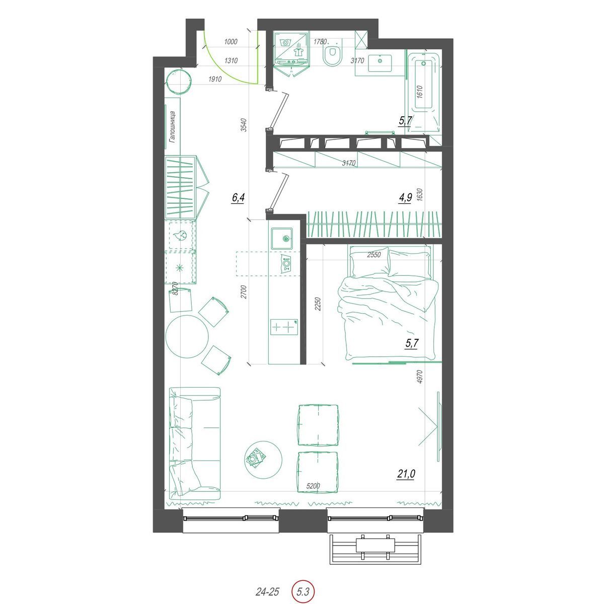1-комнатная, 44.7 м², № 416 в Нефрит