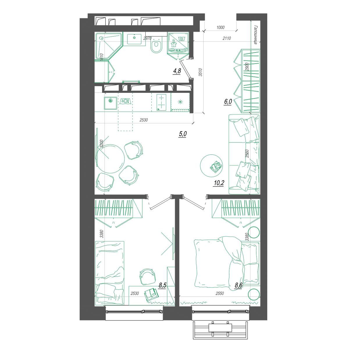 1-комнатная, 44.5 м², № 363 в Нефрит