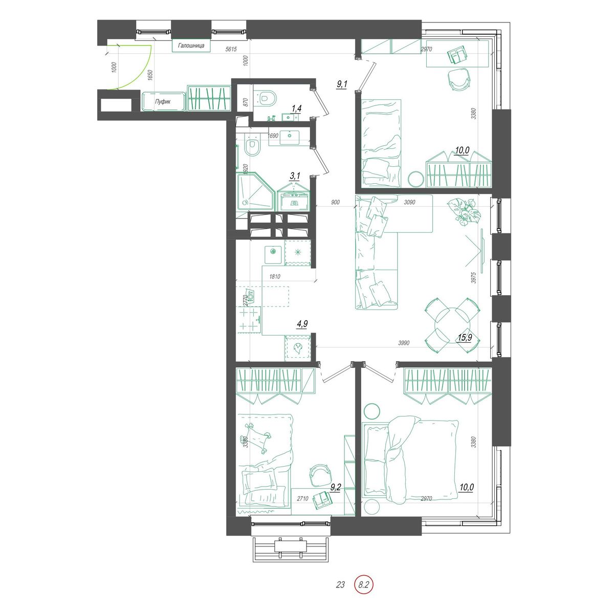 3-комнатная, 65.6 м², № 402 в Нефрит