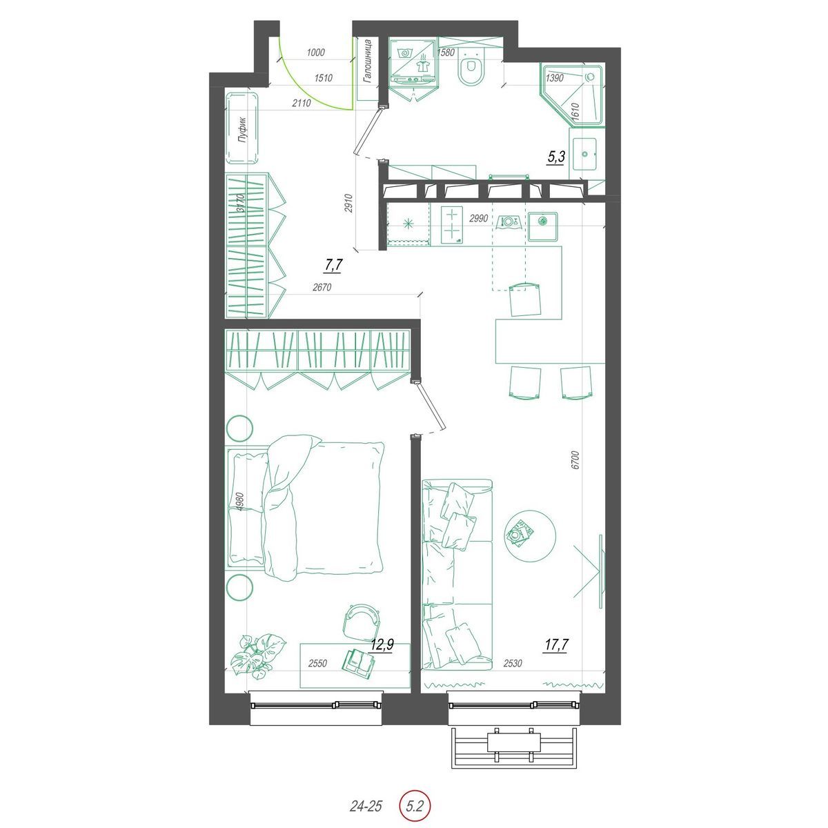 1-комнатная, 44.7 м², № 416 в Нефрит