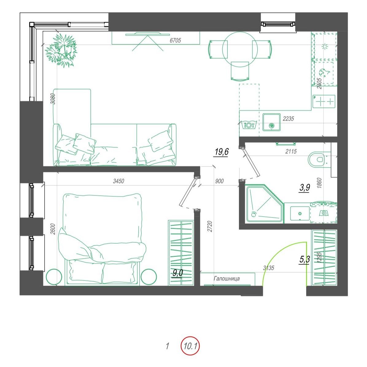 Планировка 1-комн. 4