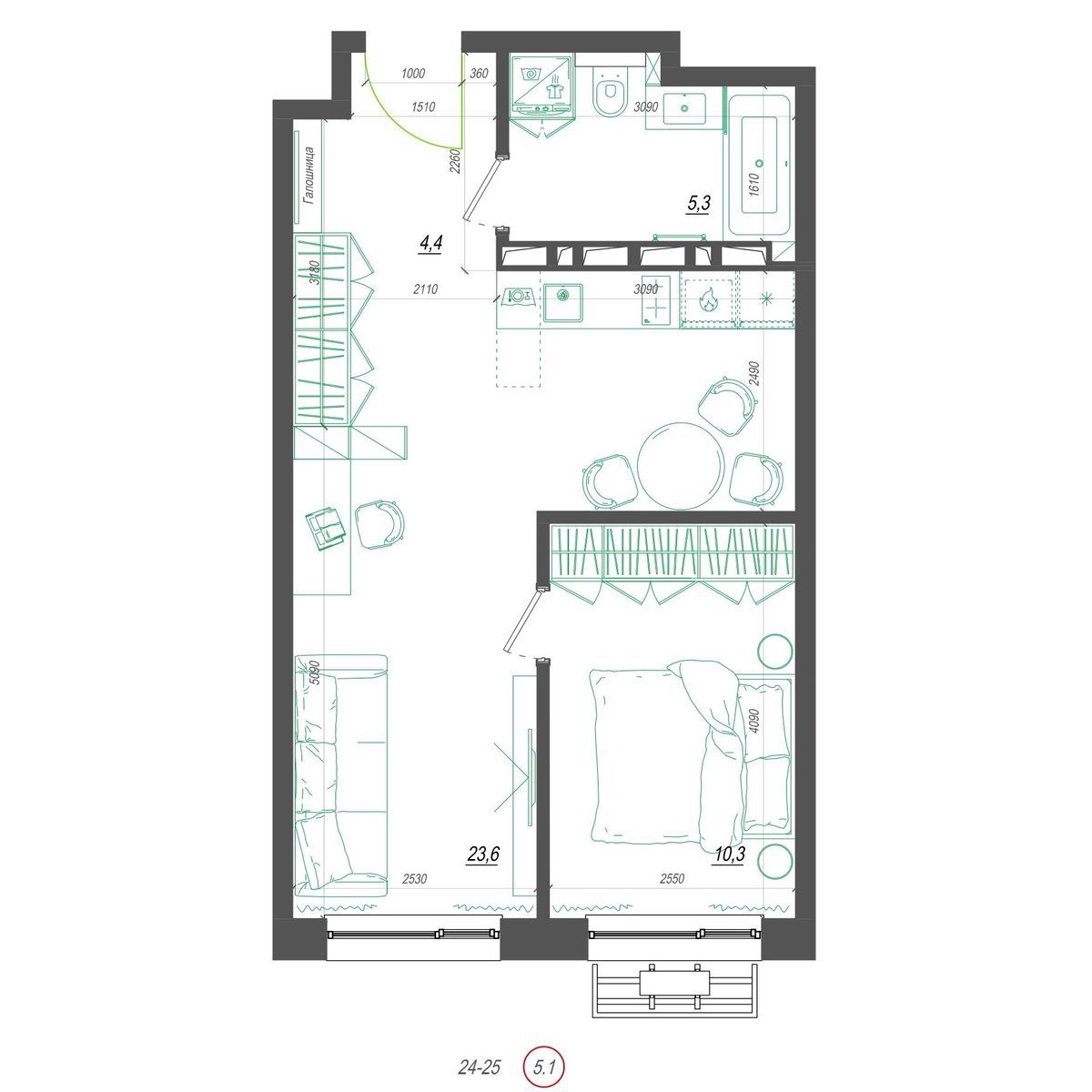 1-комнатная, 44.7 м², № 416 в Нефрит