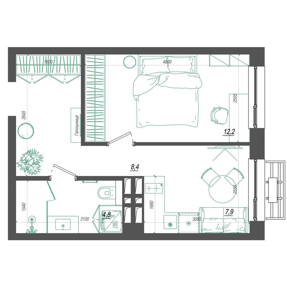 1-комнатная, 34.2 м², № 308 в Нефрит