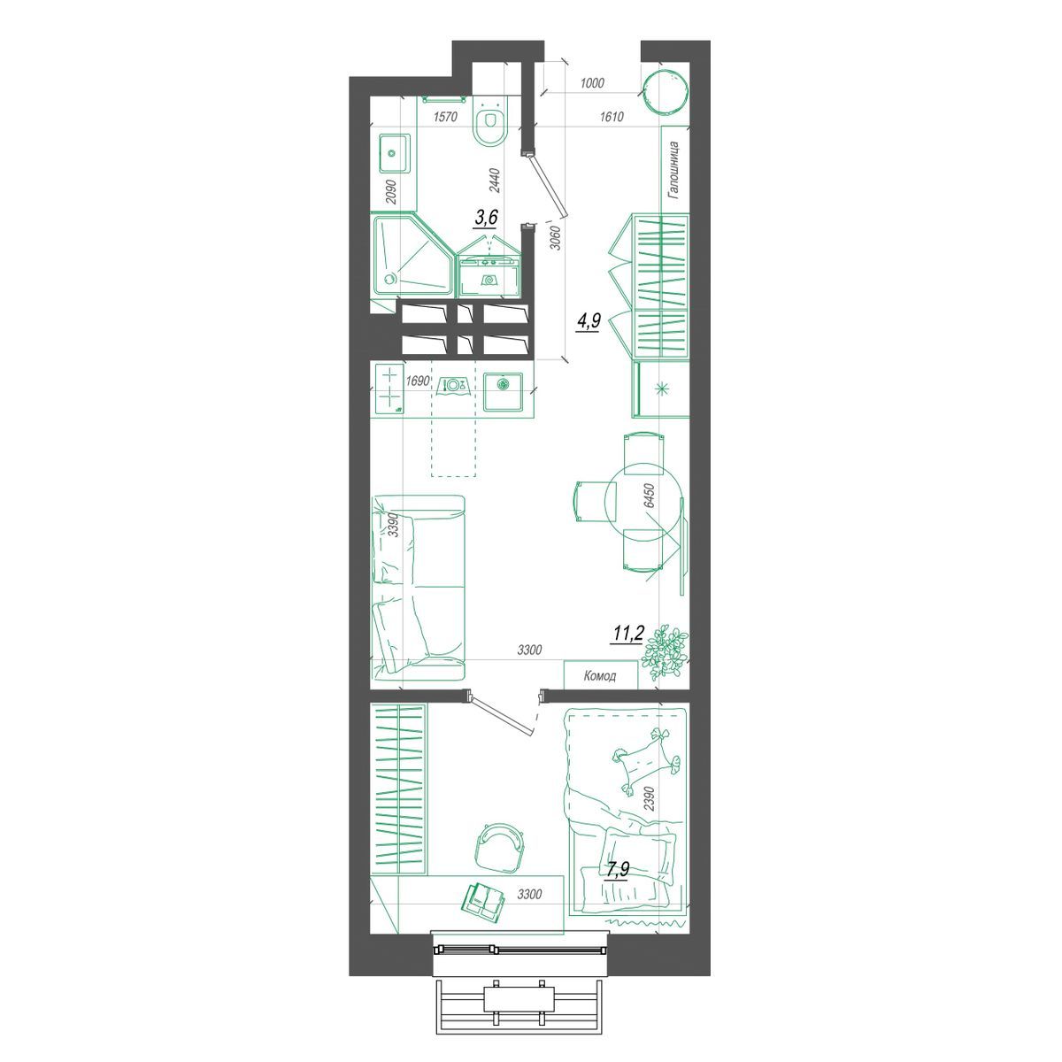1-комнатная, 28.1 м², № 293 в Нефрит