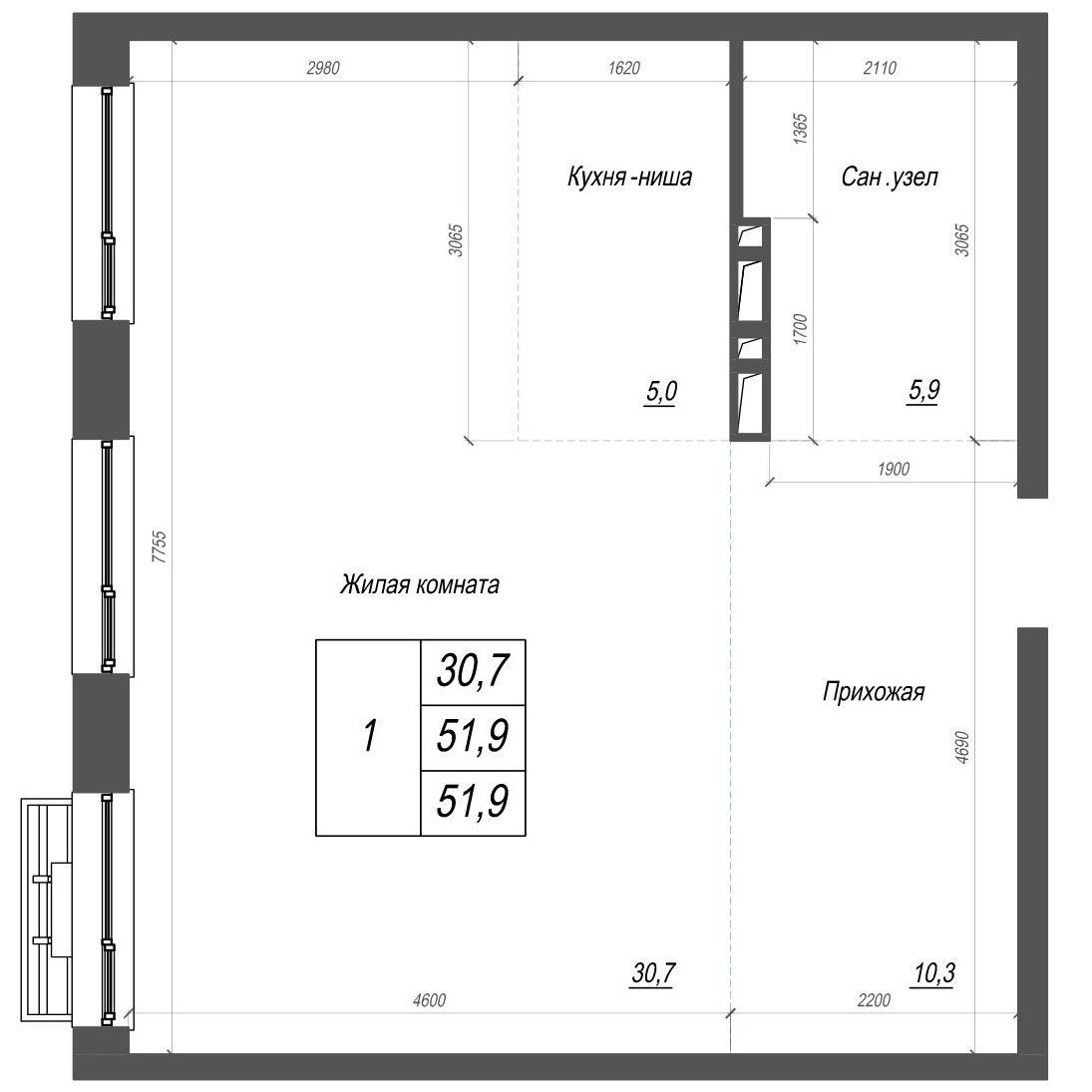 2-комнатная, 51.9 м², № 250 в Нефрит
