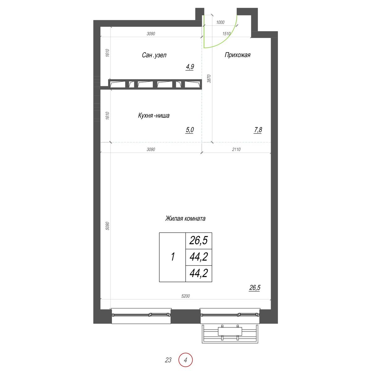 1-комнатная, 44.2 м², № 399 в Нефрит