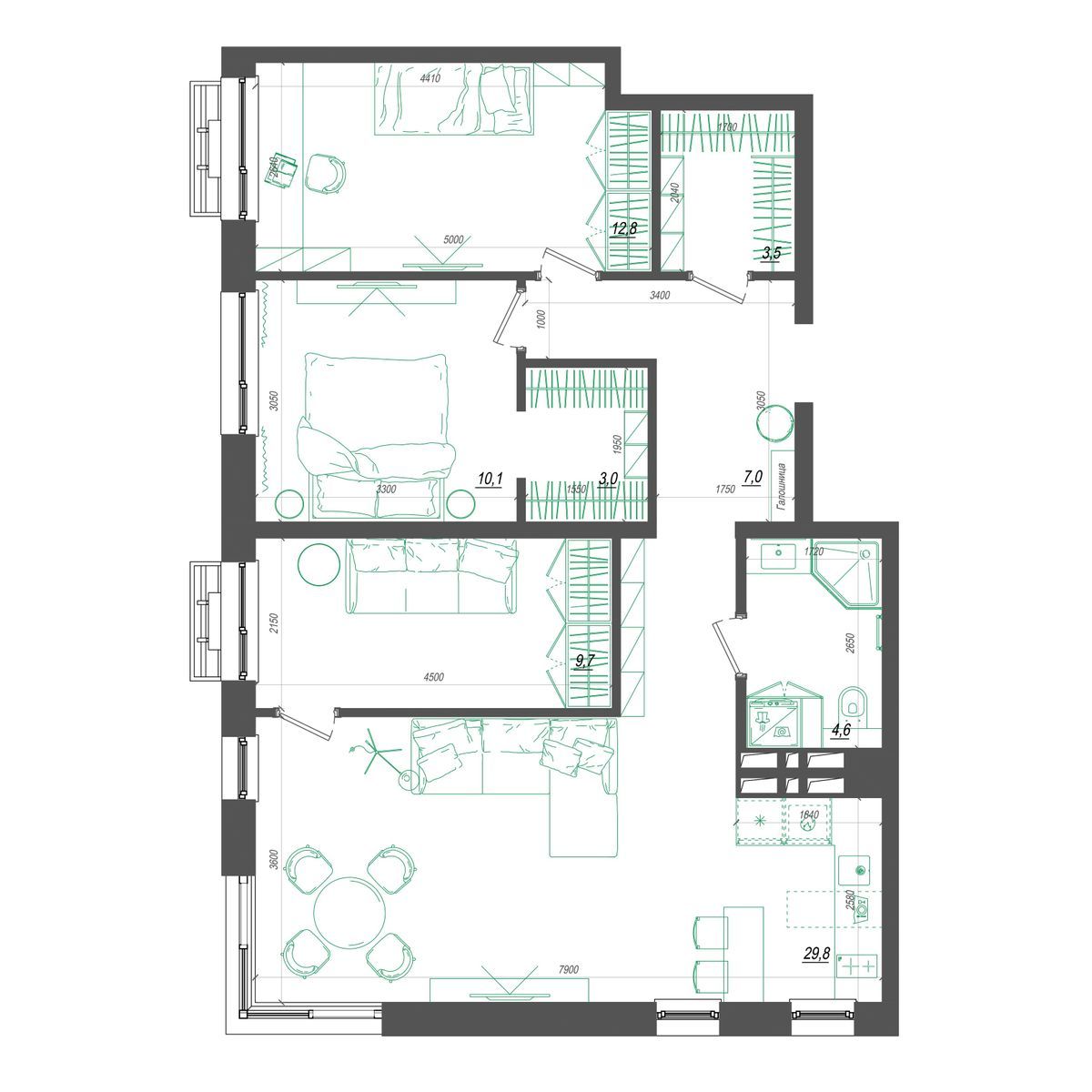 3-комнатная, 83 м², № 323 в Нефрит