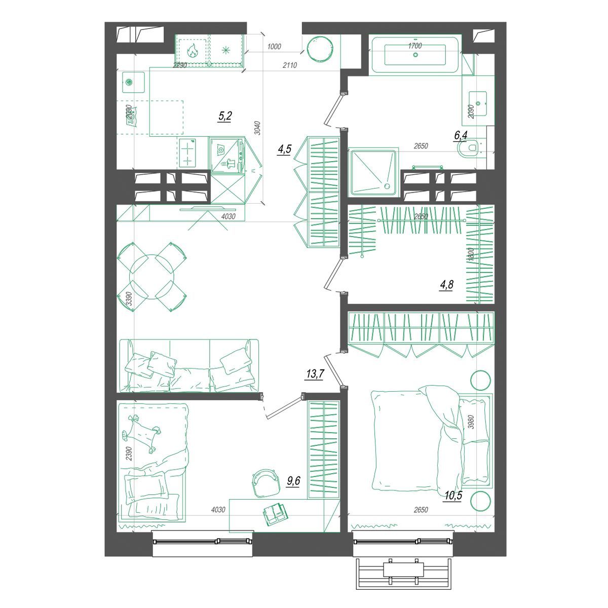 1-комнатная, 58.3 м², № 381 в Нефрит