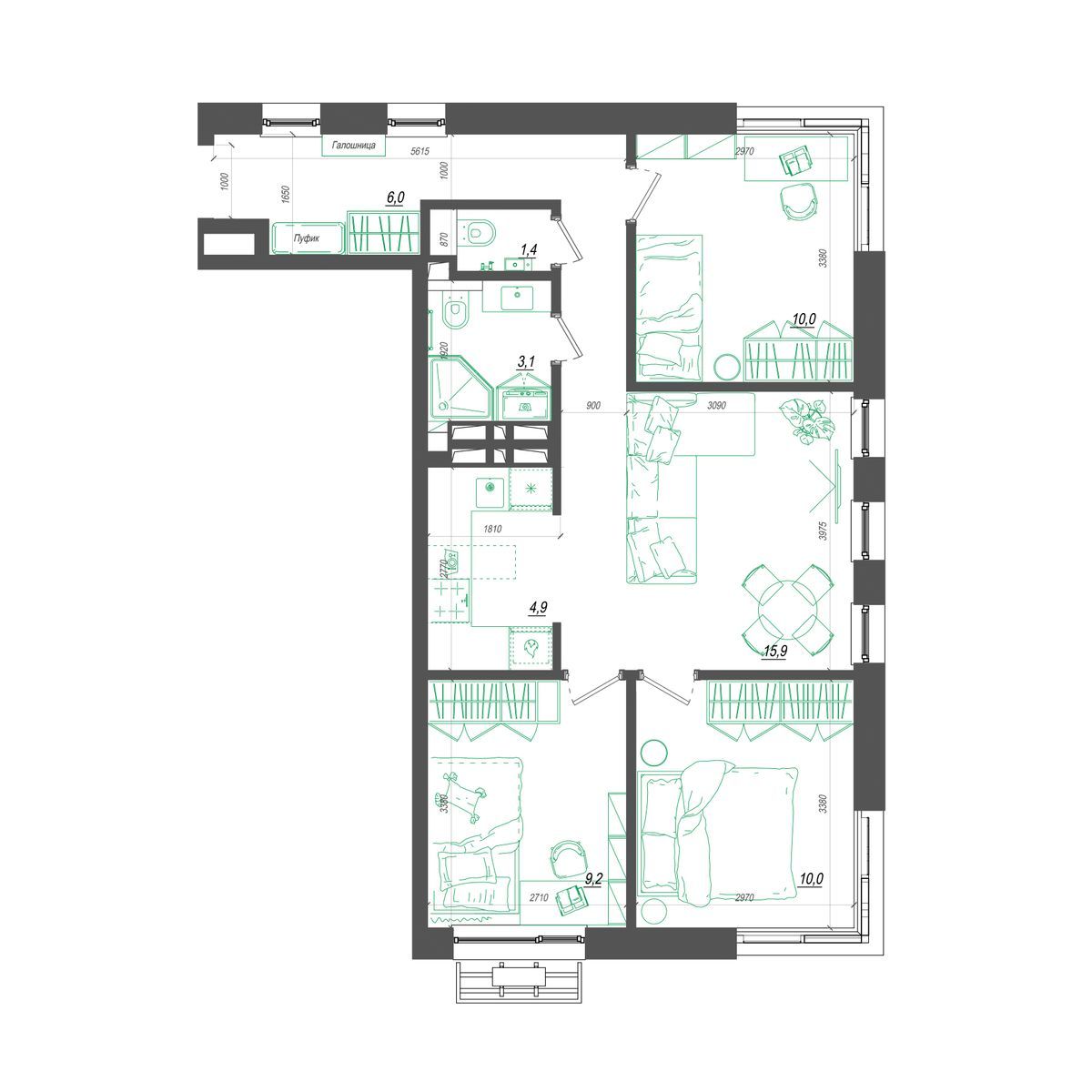 3-комнатная, 65.6 м², № 318 в Нефрит