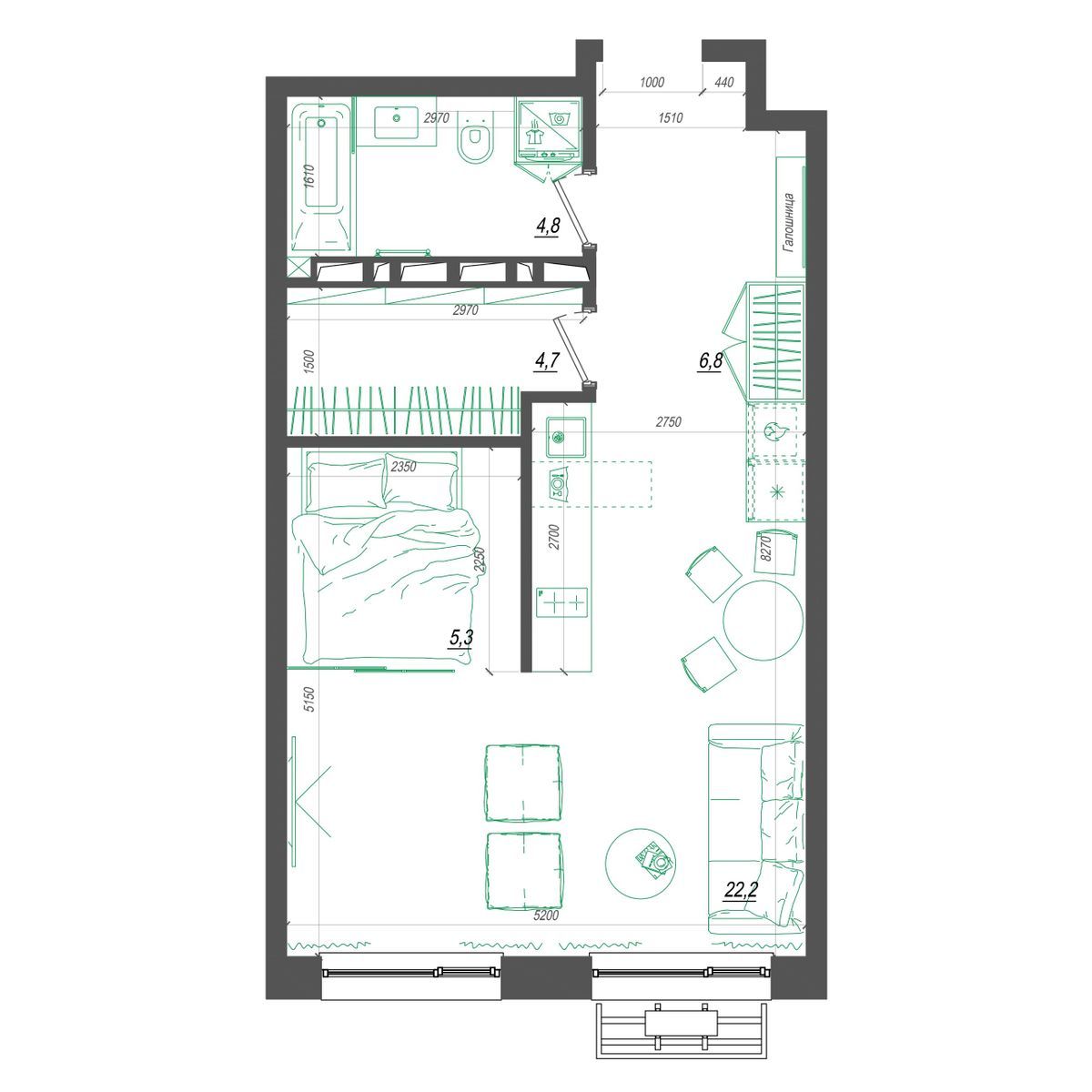 1-комнатная, 44.2 м², № 332 в Нефрит