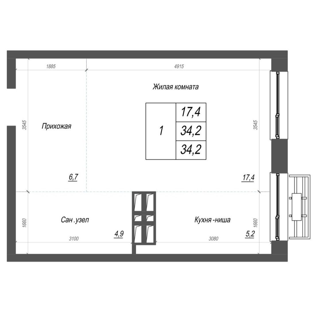 1-комнатная, 34.2 м², № 326 в Нефрит