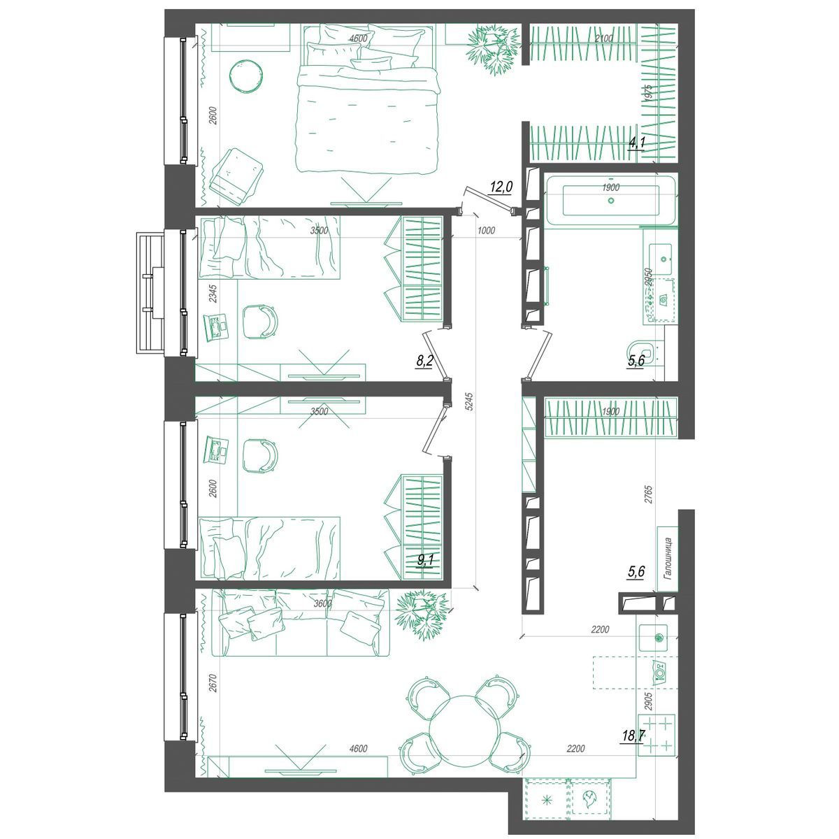 3-комнатная, 70.5 м², № 286 в Нефрит