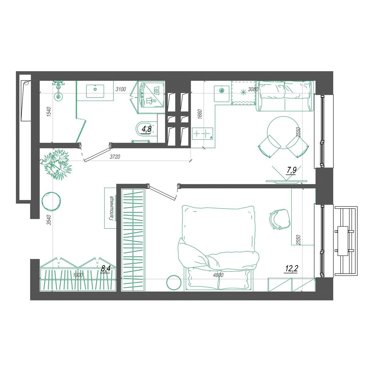 1-комнатная, 34.2 м², № 379 в Нефрит