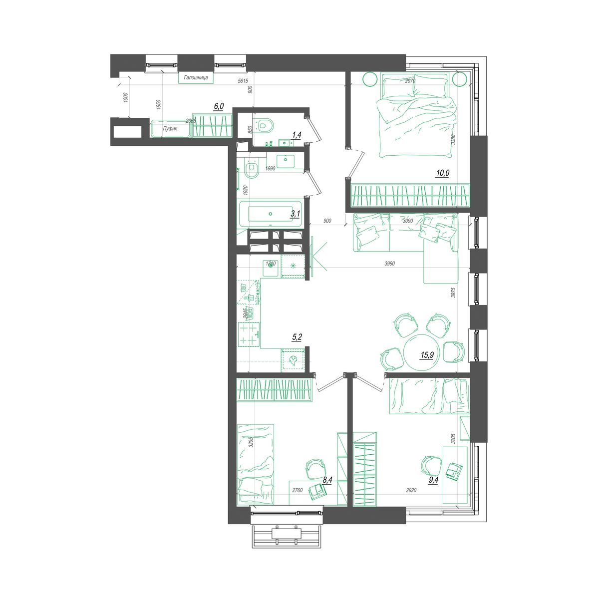 3-комнатная, 65.6 м², № 370 в Нефрит
