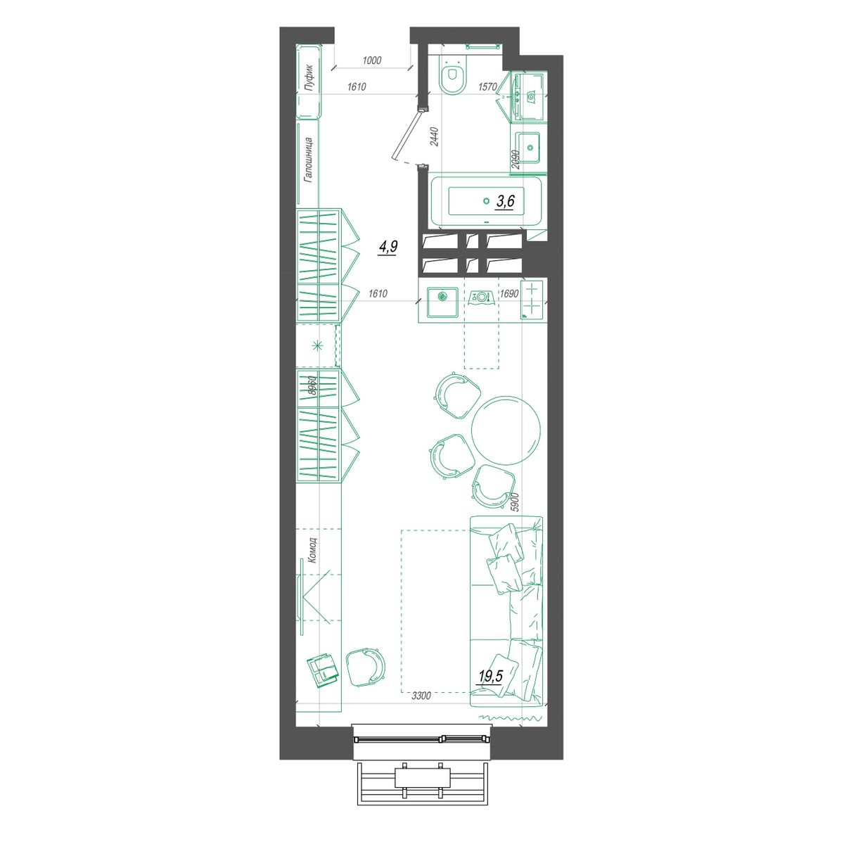 Планировка 1-комн. 3